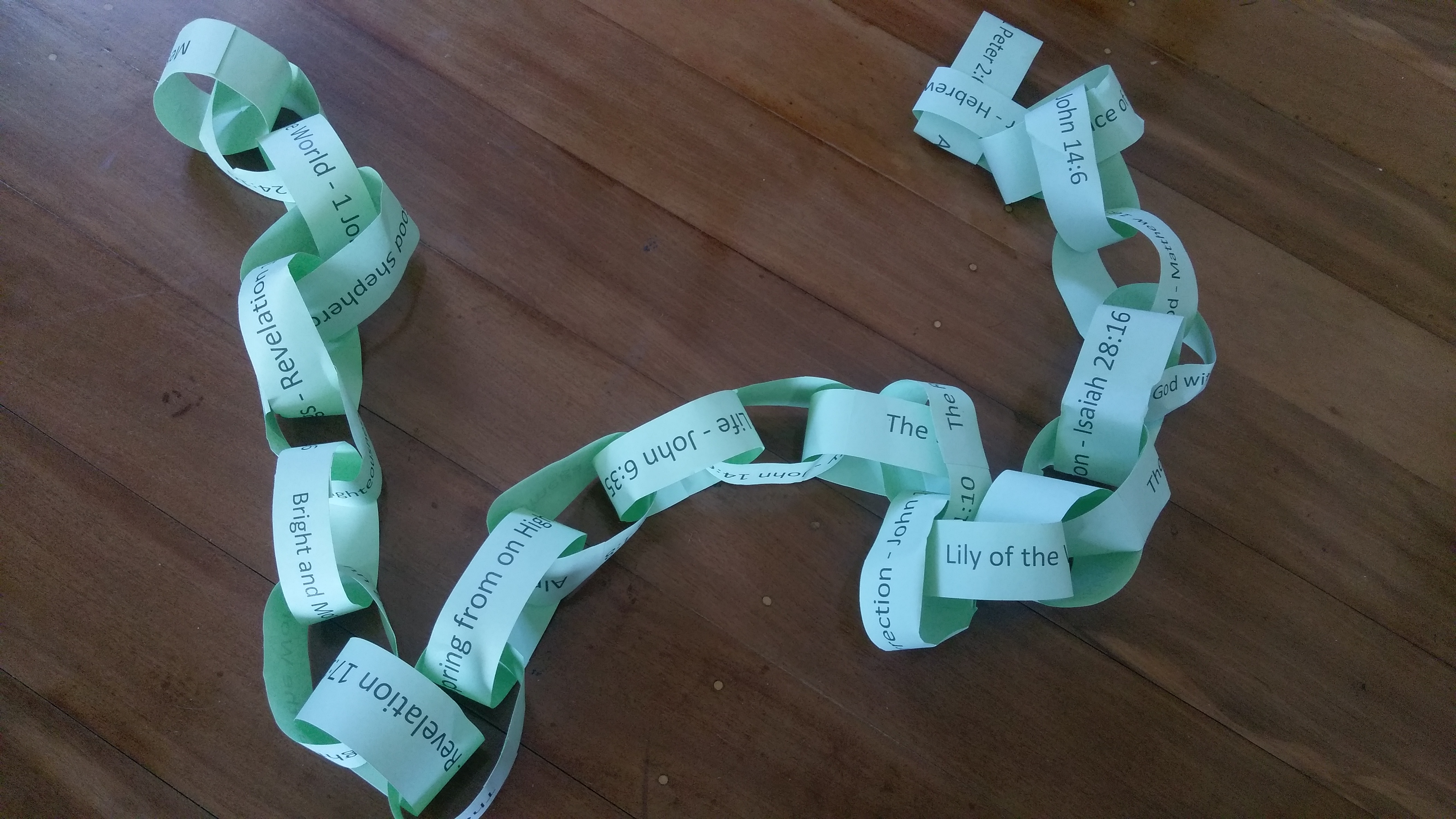 Green paper chain with different names for Jesus printed on each link